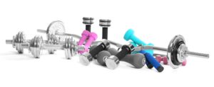 Set of sports equipment for bodybuilding, on white background